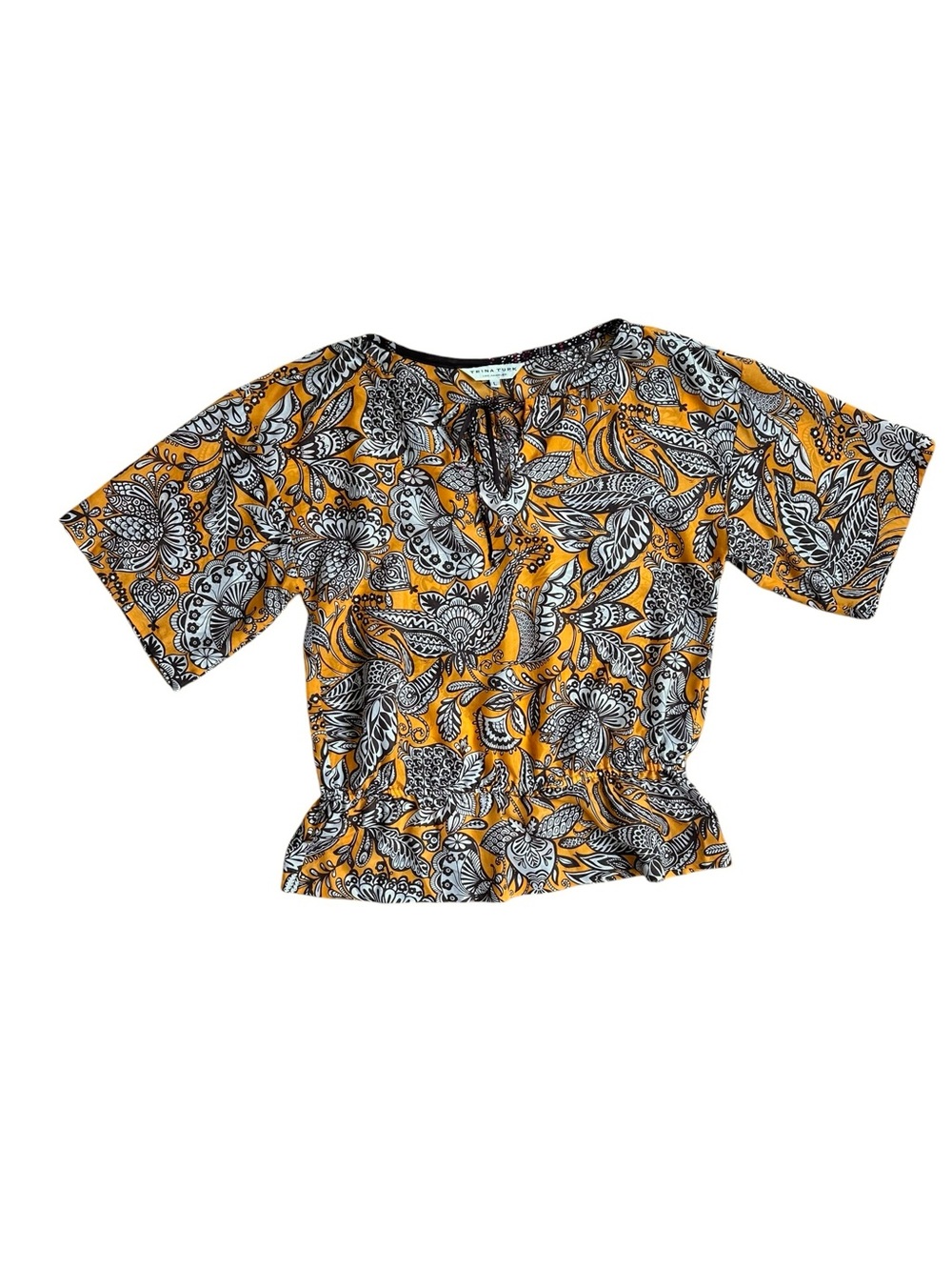Trina Turk Yellow Brown and White Print Silk Cinched Waist Loose Fit Blouse Top